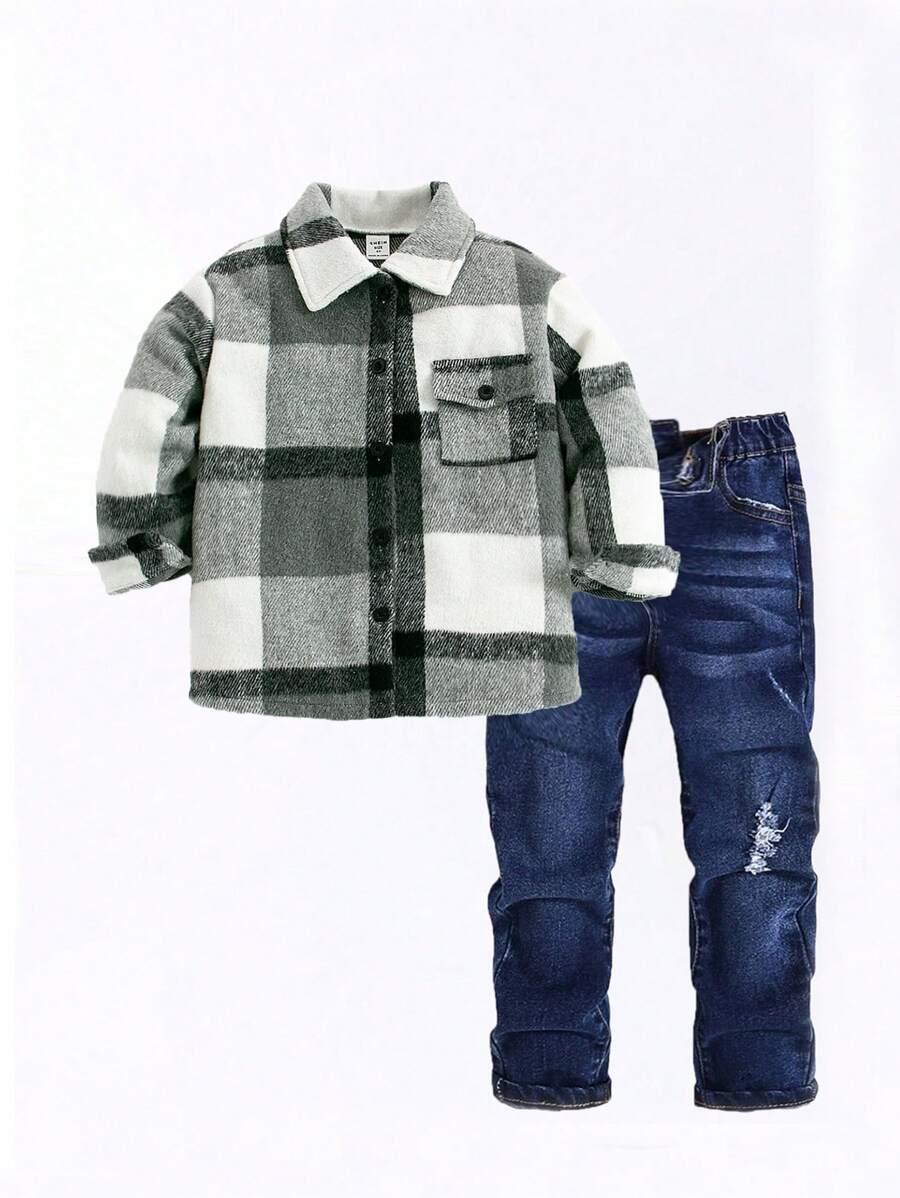 SHEIN Young Boy 1pc Casual American Style Street Chic Fashion Revere Collar Distressed Plaid Thick Front Pockets Regular Cardigan Jacket - Multicolor - View 1
