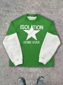 Manfinity Dauomo Green & White Splicing, 2 In 1, Star & Letter Design Men Crew Neck Pullover Sweatshirt - Multicolor - View 3