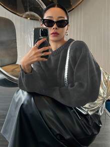 DAZY Áo len chui đầu dáng rộng tay raglan màu trơn thường ngày cho nữ, quần áo mùa thu - Xám - Xem 5