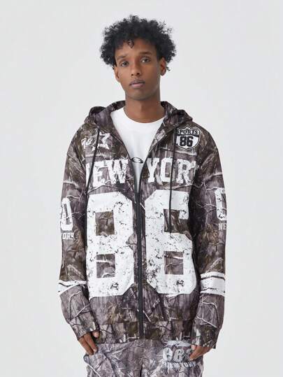 Prep Men's Casual Branch & Letter Print Hooded Sweatshirt, Fall