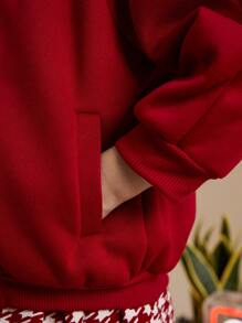 PrepCrw 年轻女孩学院风红色圣诞字母刺绣宽松单排扣棒球夹克，秋冬 - 紅色 - 查看 3