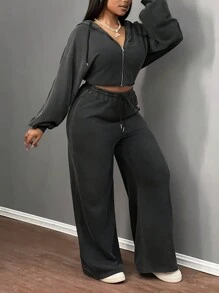 Slaydiva 2024 New Casual Streetwear Daily All-Match Comfortable Thermal Lined Hooded Loose Pullover Top And Pants 2 Pieces Set For Women