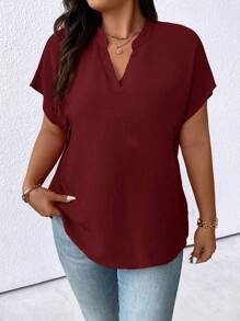 大码女式纯色 V 领蝙蝠袖短袖休闲衬衫 - 酒紅色 - 查看 4
