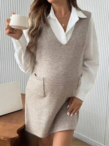SHEIN Maternity Casual Solid Color V-Neck Patchwork Pocket Sleeveless Sweater Dress, Does Not Include Shirt - Apricot - View 4