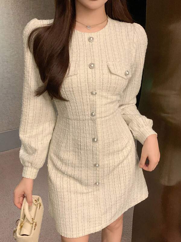 DAZY Vestido de manga larga y cuello redondo corto para mujer, ropa de otoño