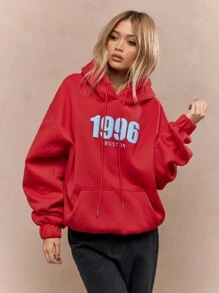 MISSGUIDED 经典学院风波士顿冬季卫衣抽绳连帽抓绒袋鼠口袋运动休闲服饰大学校友青年街头服饰圣诞节 - 紅色 - 查看 4