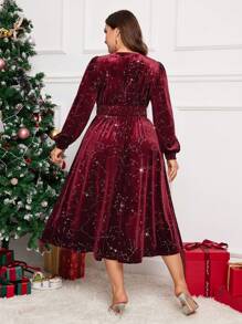 SHEIN Clasi Plus Size Solid V-Neck Sequin Patchwork Elegant Long Sleeve Christmas Party Dress - Burgundy - View 7