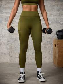 Easithlete Easithlete Leggings deportivos de cintura alta con bolsillos, de tela tipo toalla en unicolor para mujer - Verde militar - Ver 3