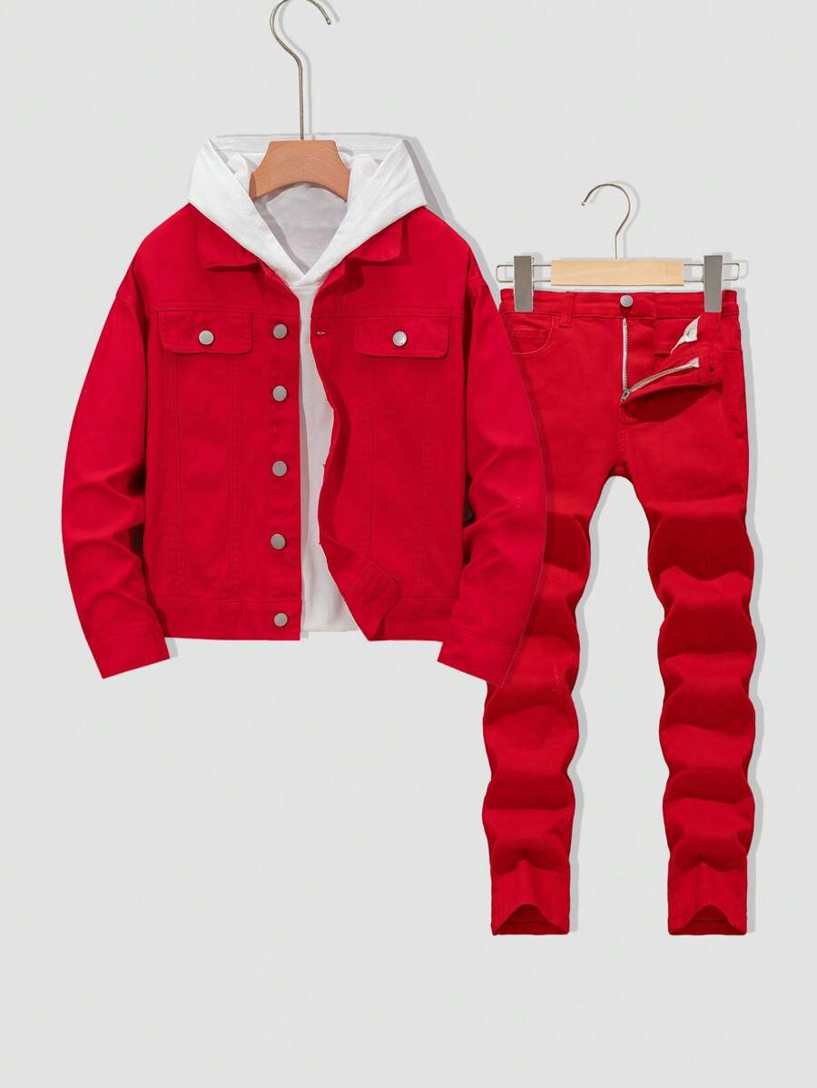 SHEIN Tween Boy Fashion Casual Red Denim Boys Pocket Design Lapel Long Sleeve Jacket Outerwear For Boys Costume Dailywear And Summer Kids Clothes Kids Coats Boys(This Product Is A Single Product Excluding Jeans And Other Trouser Suits) - Red - View 1