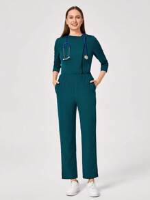 TaskEZ Women Contrast Color Trim With Pocket Top And Pants Pocket Front Zip Fitted Jacket Solid Long Sleeve Top & Pocketed Pants Healthcare Uniform Scrub Set - White - View 9