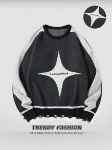 Manfinity EMRG Men's Casual Color Block Patchwork Distressed Street Wear Graphic Color Block Star Pullover Long Sleeve Crew Neck Sweater, Autumn/Winter,For Going Out, Friends