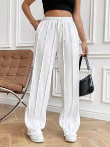 SHEIN PETITE Solid Color Patchwork Distressed Seam Exposed Waist Drawstring Tie Diagonal Pockets Straight Leg Casual Sports Sweatpants - White - View 1