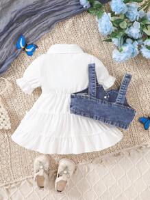 SHEIN Baby Girl Short Puff Sleeve Ruffle Hem Dress And Single Breasted Strap Top Set - Blue - View 2