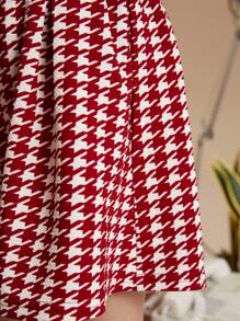 PrepCrw 年轻女孩格子针织 A 字中长裙，休闲学院风红色千鸟格图案，秋冬 - 紅色 - 查看 3