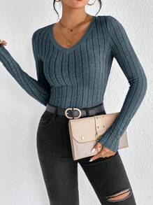 SHEIN Frenchy Camiseta básica de cuello en V acanalado unicolor para otoño