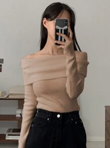 DAZY Women's Off-Shoulder Plain Casual Pullover Sweater,Fall Clothes - Khaki - View 3