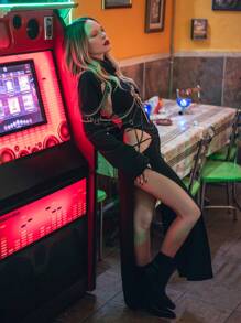 SHEIN X Belinda NO NAME Designer Belinda MV Sexy Split Cut Out Backless Halter Dress, Holiday, Party, New Year, Thanksgiving, Birthday Outfits, Festival - Black - View 3