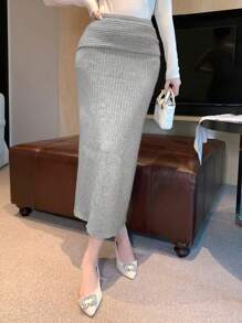DAZY Women's Elegant Solid Color Bodycon Sweater Skirt, Autumn/Winter - Light Grey - View 4