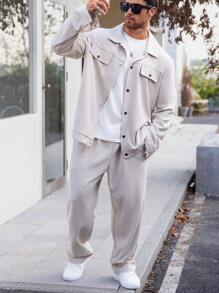 Manfinity Homme 大码男士 2 件套纯色长袖单排扣夹克和裤子休闲西装，秋季 - 卡其色 - 查看 5