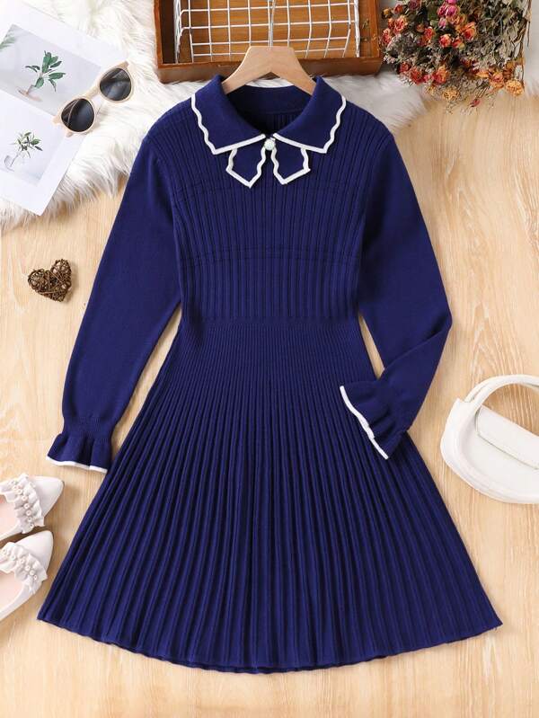 Tween Girls Thick Knit Sweater Dress, Navy Blue, Elegant Ruffle Cuff, Suitable For Home, Outing, Party, Autumn/Winter