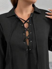 SHEIN Privé 大码女式黑色交叉系带长衬衫 - 黑色 - 查看 4