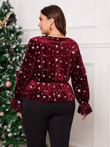 SHEIN Clasi Camiseta de moda de manga larga con estampado de estrella metálica plateada y bajo con volantes para mujer de talla grande, otoño
