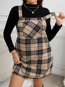 SHEIN LUNE Plus Size Loose Strap Button Pocket Plaid Casual Mini Dress Plus Size Fall Clothes Dresses For Women - Multicolor - View 6
