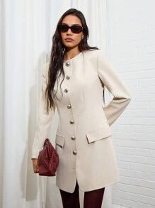 COSMINA Vestido Minimalista Elegante com Botão Frontal Feminino, Adequado para Passeios, Outono - Damasco - Ver 3