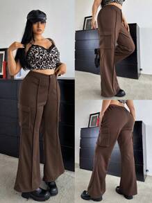 SHEIN Unity High Waisted Slim Fit Flare Leg Cargo Pants With Pockets, Fashionable Plus Size Casual Trousers, Autumn New Arrival Fall Cloth For Women - Coffee Brown - View 1