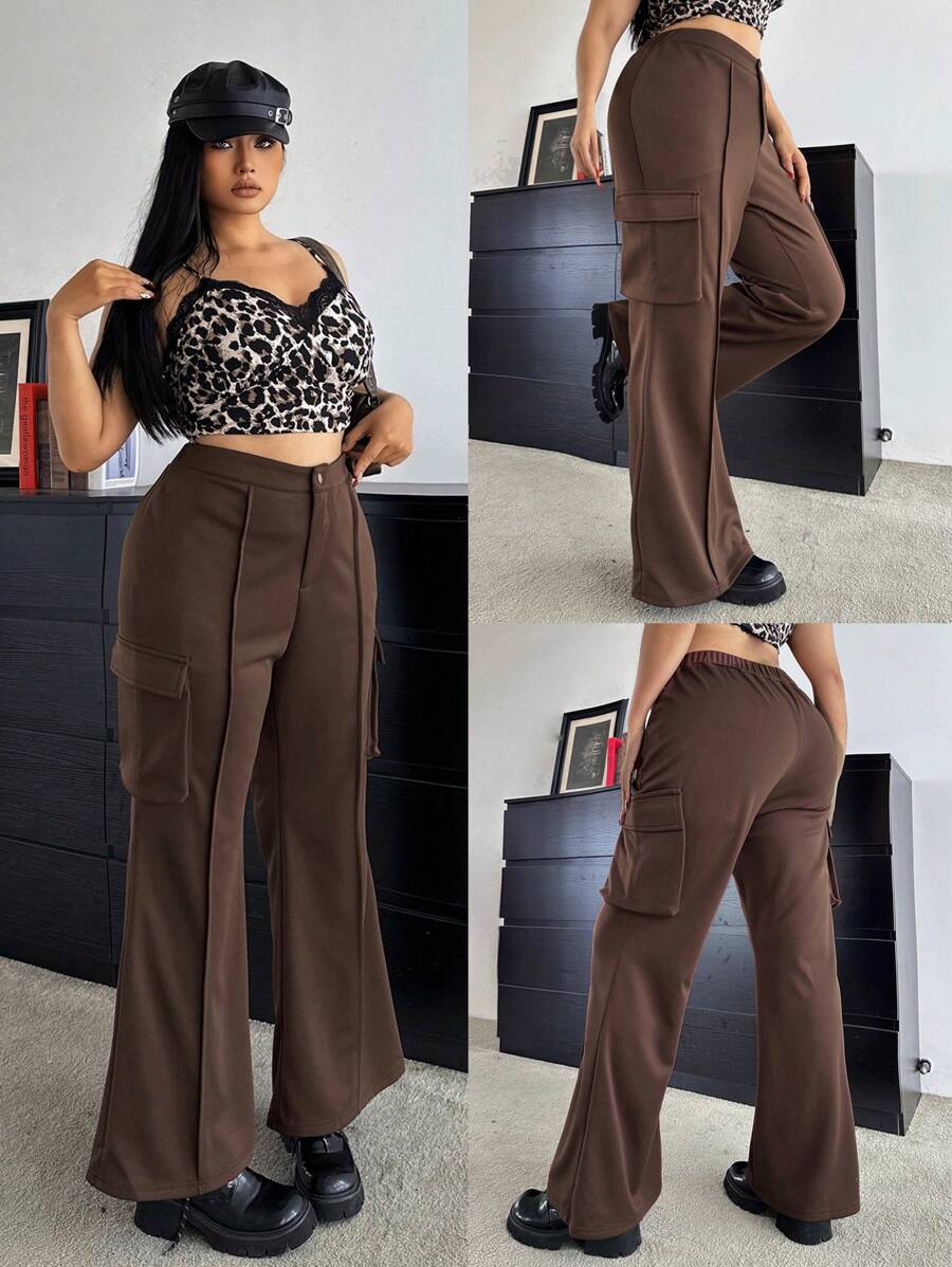 SHEIN Unity High Waisted Slim Fit Flare Leg Cargo Pants With Pockets, Fashionable Plus Size Casual Trousers, Autumn New Arrival Fall Cloth For Women - Coffee Brown - View 1