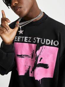 Manfinity VCAY Men's Loose Acid-Washed Knit Long Sleeve Pullover Sweatshirt, For Fall Winter - Dark Grey - View 3