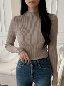 DAZY 1 件女式纯色修身套头衫、长袖上衣、秋季服装 - 巧克力棕 - 查看 3