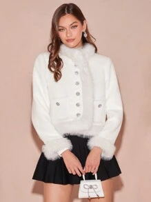 Enchnt 新款秋冬产品，女士纯色长袖拼布毛绒面料单排扣优雅羊毛大衣，秋冬，秋冬女装