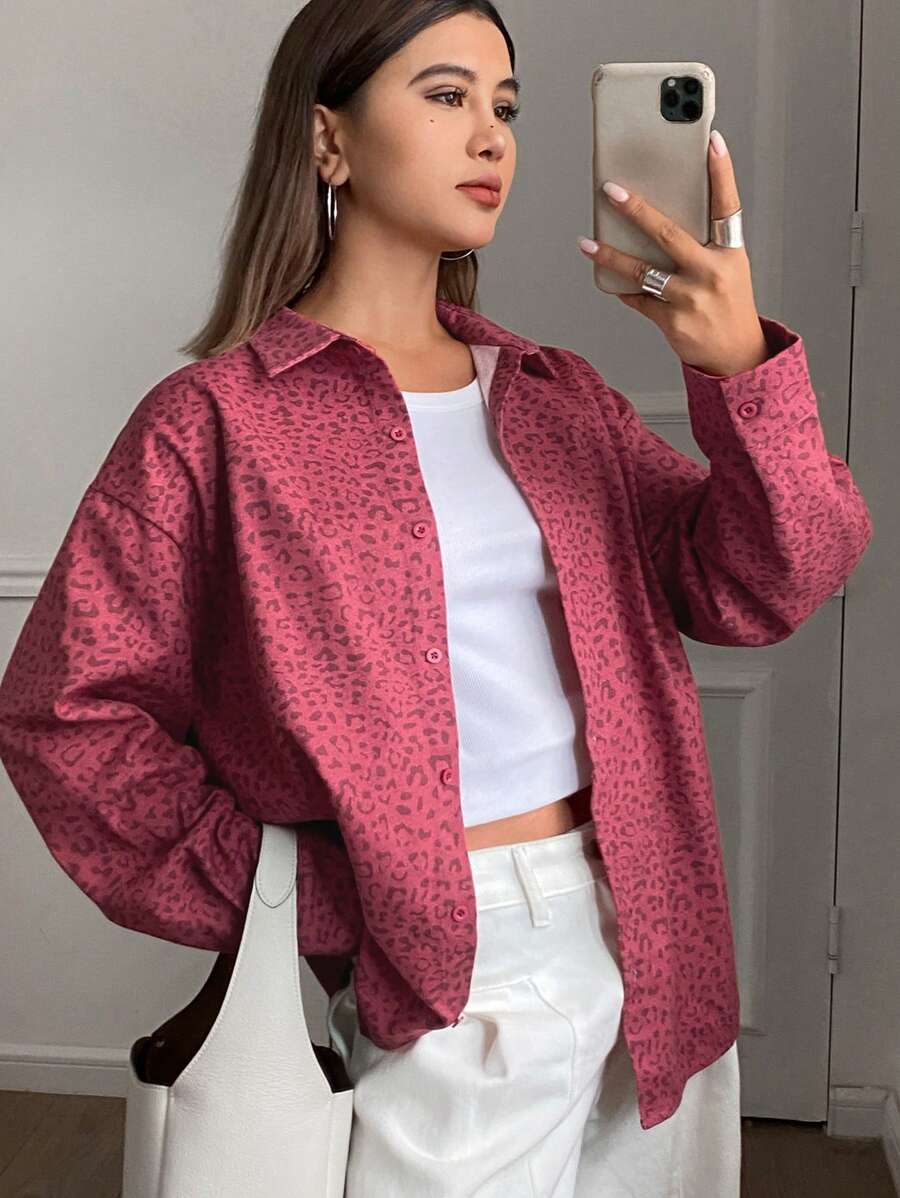 DAZY 女士休闲时尚豹纹前扣宽松蝙蝠袖衬衫，秋季 - 紅色 - 查看 1