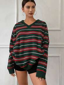 DAZY 秋季女士宽松条纹圆领长袖针织毛衣