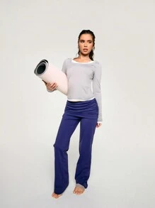 Athîral Pantaloni casual pentru femei, de culoare solidă, cu talie încrețită, cu picioare drepte