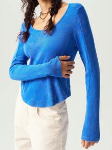 Bohemela Solid Color Round Neck Cutout Back Slim Fit Long Sleeve Casual Knit Tops For Women - Royal Blue - View 6