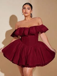 SHEIN BAE 大码褶皱蕾丝边露肩优雅连衣裙，甜美性感蕾丝，适合婚礼宾客、返校节、优雅早午餐、生日派对等场合。 - 酒紅色 - 查看 6