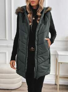 SHEIN Clasi Slant Pockets Sleeveless Argyle Quilted Vest Coat Hooded Warm For Autumn And Winter,Winter Clothes For Women,Winter Women Coat, Hooded