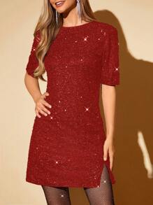 SHEIN Clasi Váy dự tiệc hở lưng chữ V sequin gợi cảm cho nữ - Đỏ - Xem 5