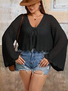 SHEIN VCAY 大码纯色镂空针织喇叭袖开衫，休闲，秋季 - 黑色 - 查看 3