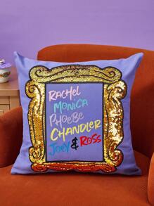 FRIENDS X SHEIN Taie d'oreiller décorative avec impression de lettre à paillettes réversibles, cadre, idéal pour les cadeaux