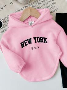 SHEIN LMoss Kids 女婴可爱字母刺绣羊毛连帽不对称上衣和松紧腰黑色裤子套装，秋冬 - 彩色 - 查看 5