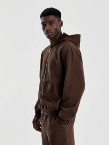 Musero Men Zip Up Raw Hem Hoodie - Brown - View 2