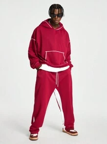 Manfinity VCAY Men Embroidered English Letter Loose Knit Long Sleeve Sweatshirt Set - Burgundy - View 3