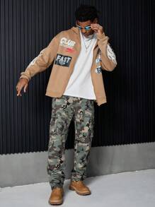 PAVTROS 男士火焰印花喇叭休闲迷彩印花工装运动裤，男朋友礼物，外出长款街头穿着裤，送给老公，男朋友礼物 - 軍綠色 - 查看 4