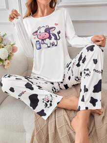 可爱奶牛印花甜美长袖上衣长裤女士睡衣套装，秋季、秋冬季服装