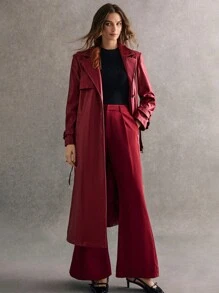 Poéselle Quần công sở thanh lịch màu trơn ống loe cho nữ, trang phục mùa đông cho nữ, màu đỏ tía, thiết yếu sang trọng dễ dàng - Màu Đỏ Sâu - Xem 3