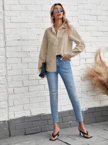 SHEIN Frenchy 女士休闲纯色长袖宽松衬衫，百搭日常穿着，春秋季 - 杏色 - 查看 3