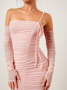 SHEIN SXY Fall Winter Thanksgiving Outfit New Years Thanksgiving Rave Festival Outfits Formal Women Gathered Sleeve Bodycon Dress - Pink - View 3